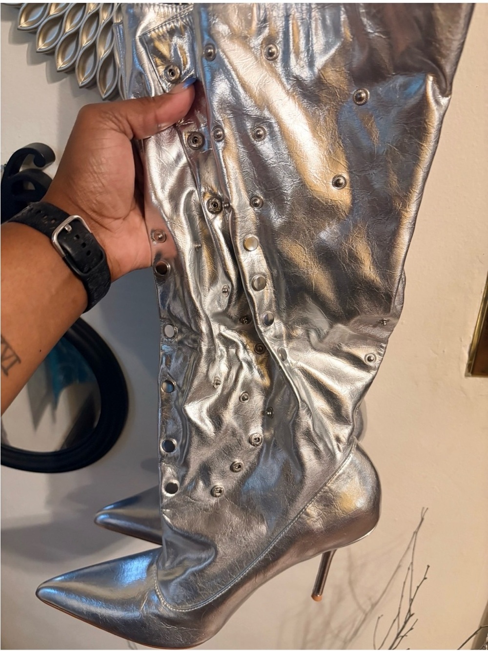 Metallic Silver Pointed Toe Stiletto Knee-High Boots